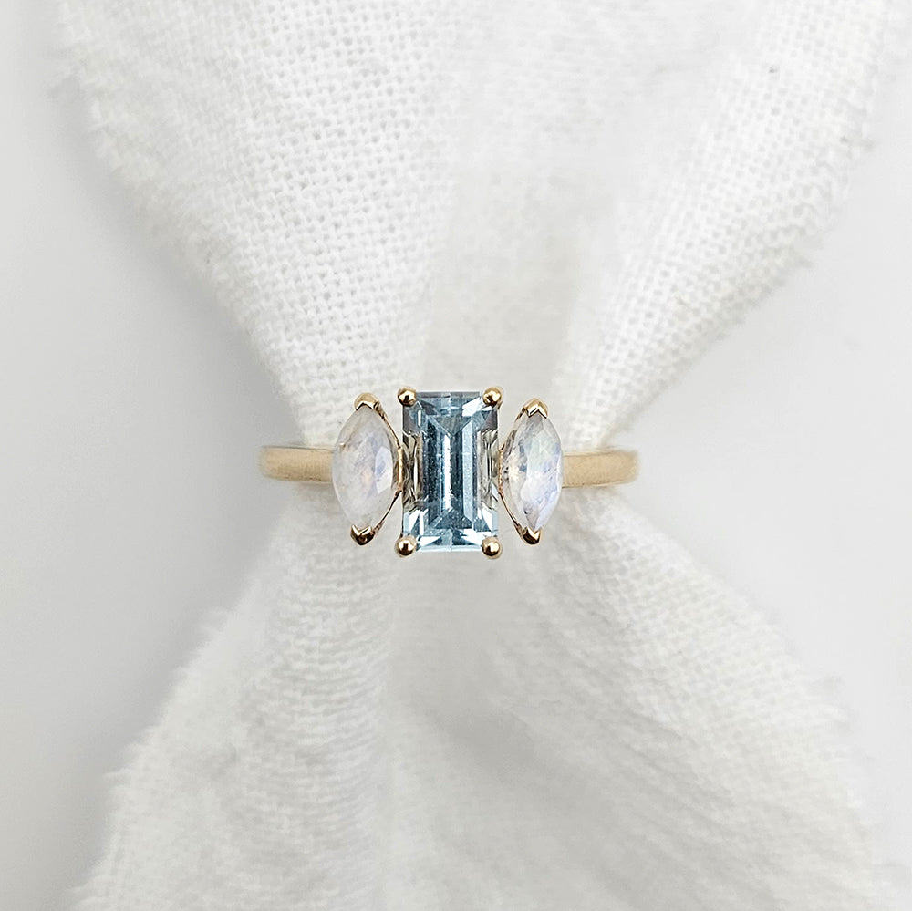 Yellow Gold Aquamarine & Moonstone three-stone Ring alternative engagement ring by zoe alexandria