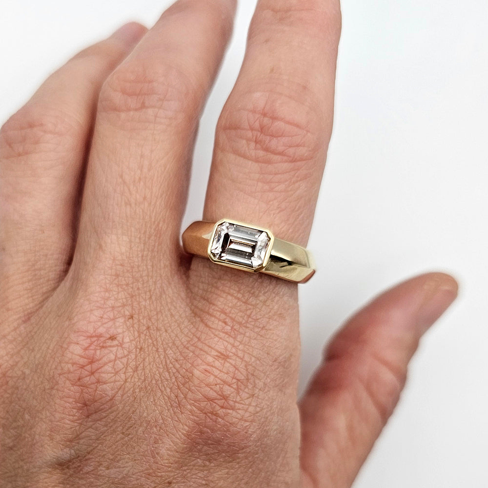 Yellow Gold Baguette Champagne Zircon Ring alternative engagement ring by zoe alexandria jewellery