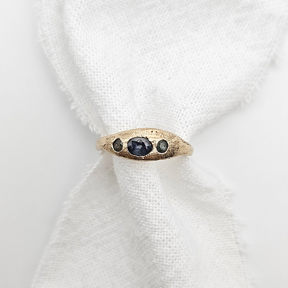 Three Stone Sapphire Ring recycled gold ring by zoe alexandria jewellery