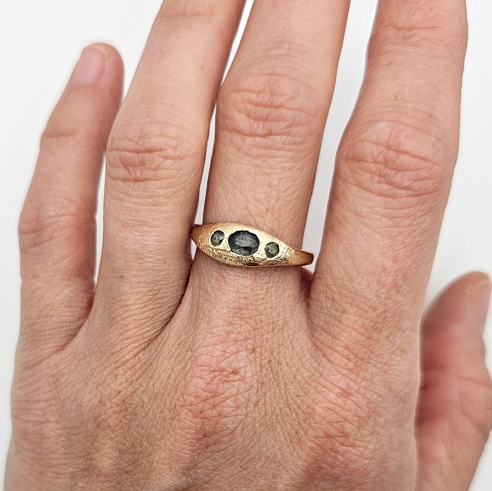 Three Stone Sapphire Ring recycled gold ring by zoe alexandria jewellery