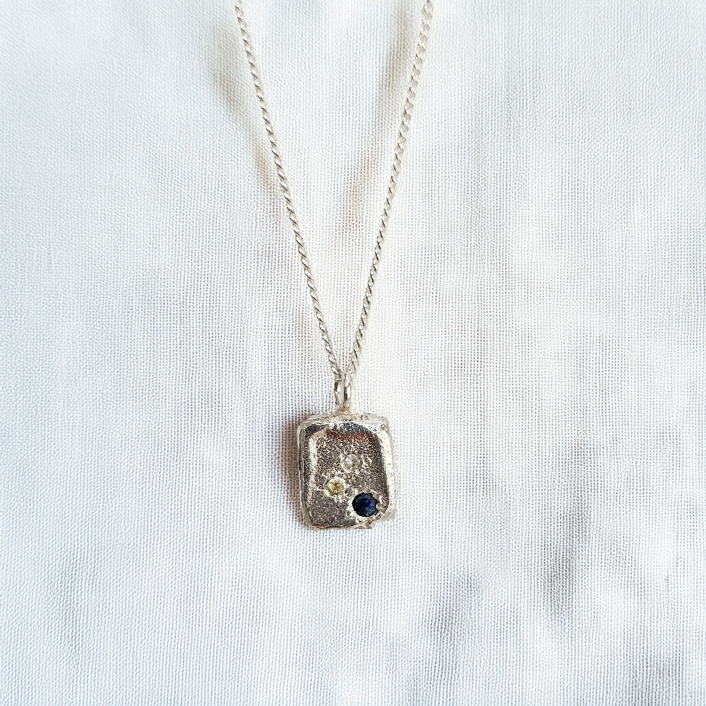 sapphire silver tablet style necklace handmade by zoe alexandria jewellery