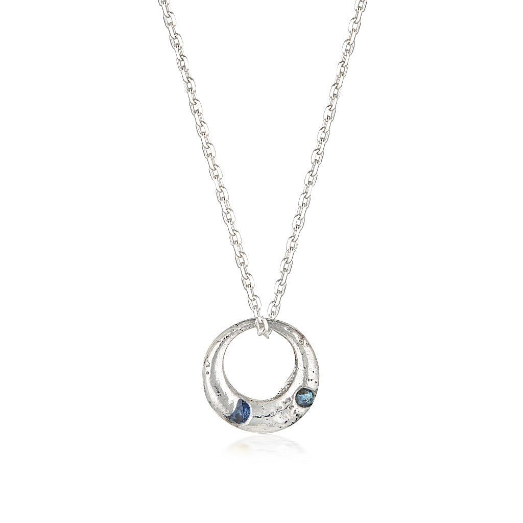 Demilune Pendant recycled Silver & teal Sapphire necklace by zoe alexandria jewellery