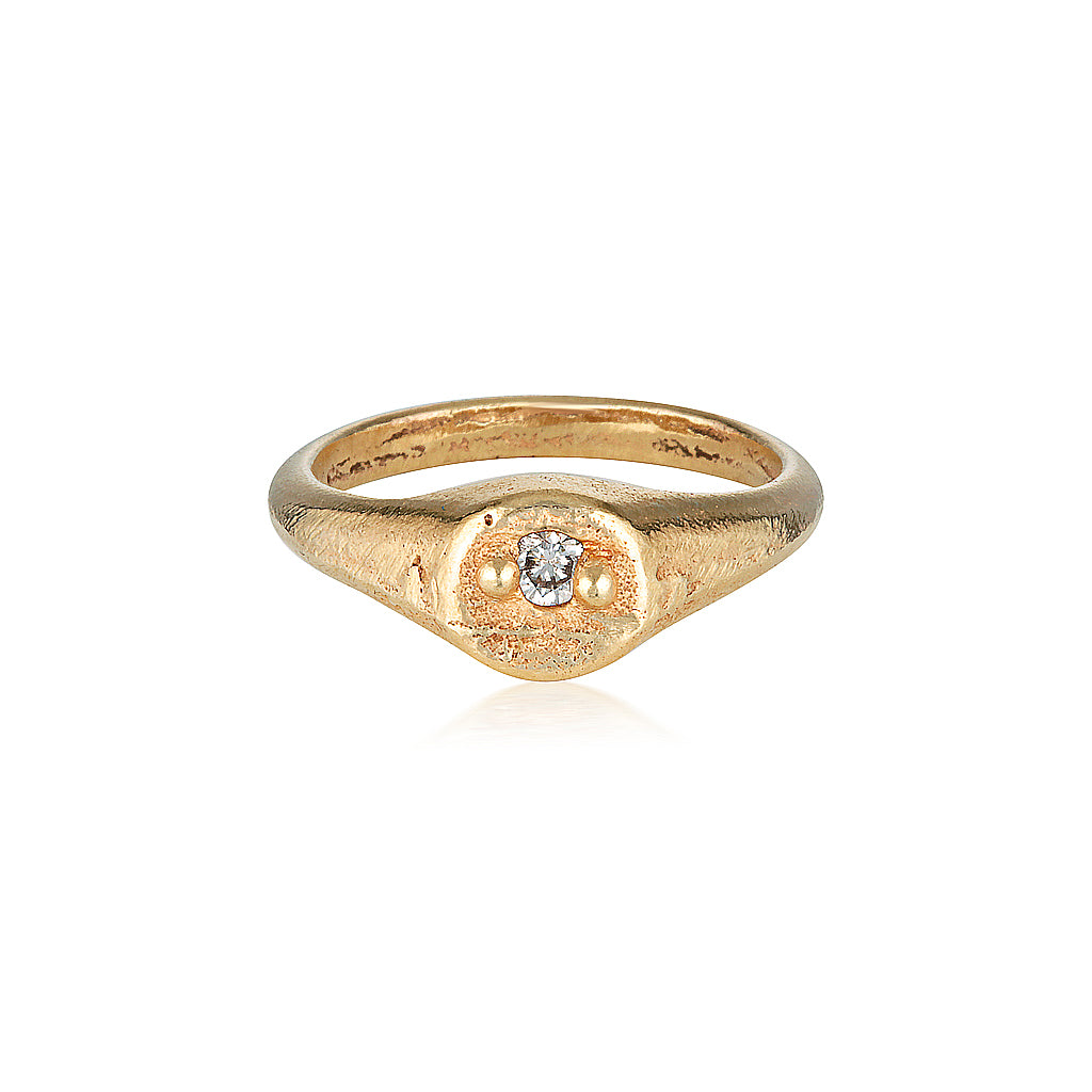 Omni Signet Ring recycled Yellow Gold & Single White Diamond signet ring handmade by zoe alexandria jewellery