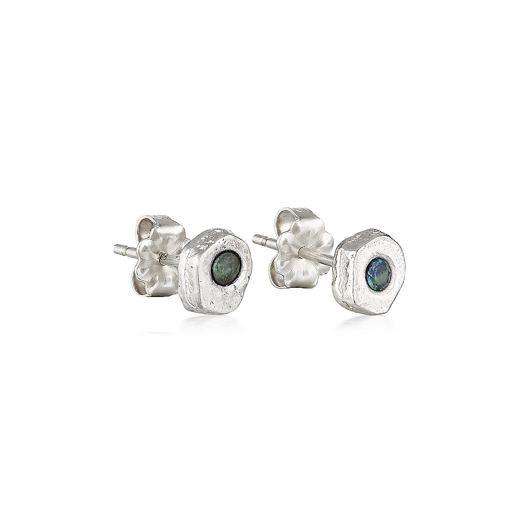 Single Stone Bubble Stud Earrings - recycled Silver & Teal Sapphire earrings by zoe alexandria jewellery