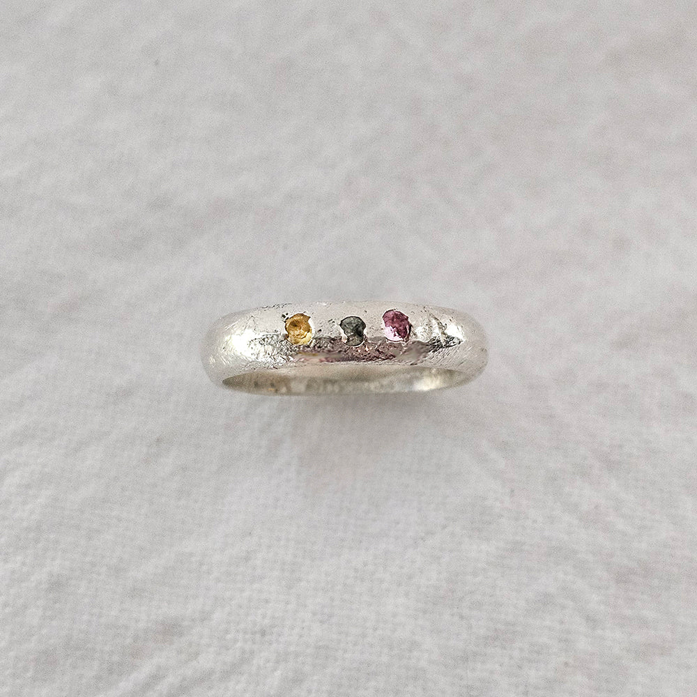 recycled Silver 3 Stone Band sandcast ring by zoe alexandria jewellery