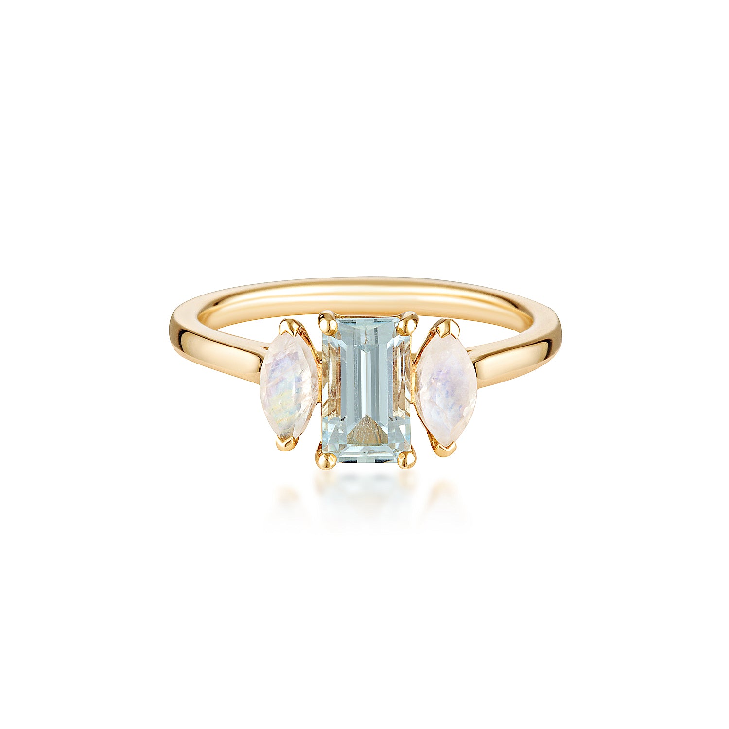 9k Yellow Gold Aquamarine & Moonstone three-stone Ring alternative engagement ring by zoe alexandria