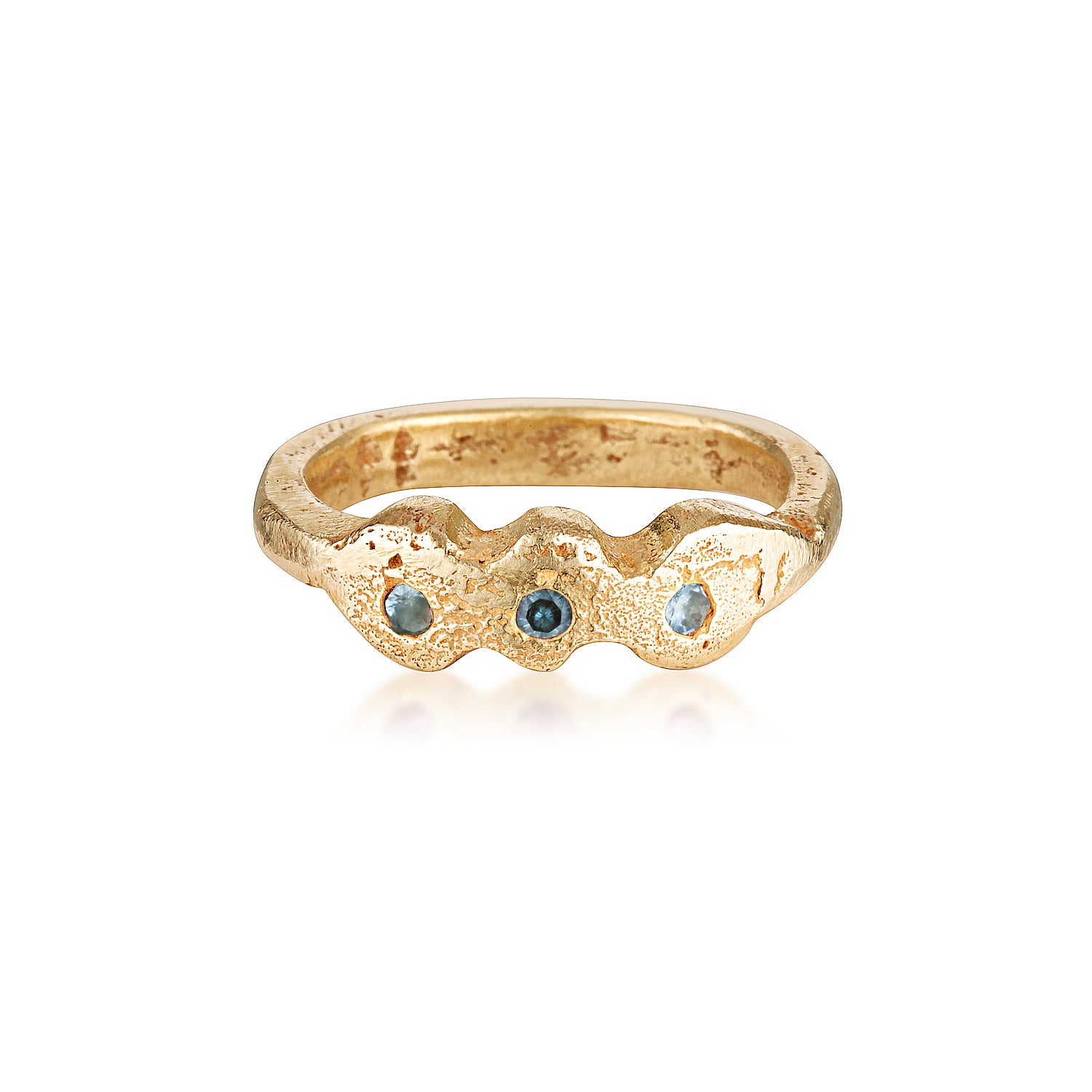 Trilogy Ring - teal Sapphire recycled gold three stone ring by zoe alexandria jewellery