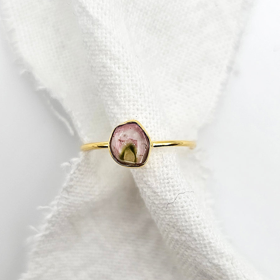 14k Watermelon Tourmaline Slice Ring - Yellow Gold