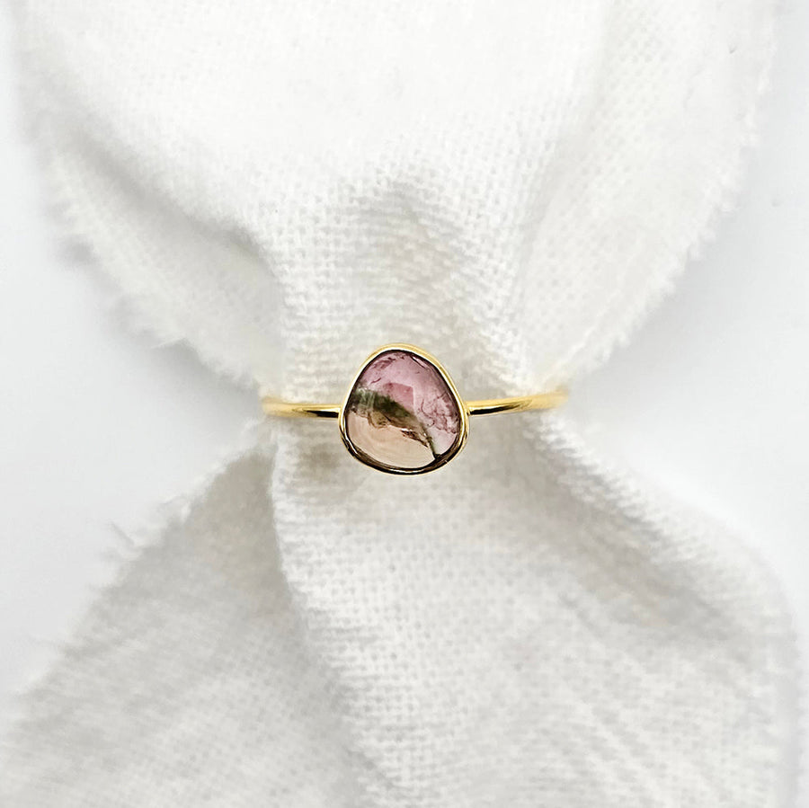 Watermelon Tourmaline Slice Ring - Yellow Gold