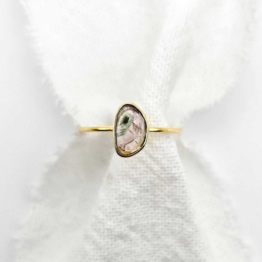 Watermelon Tourmaline Slice Ring - Yellow Gold