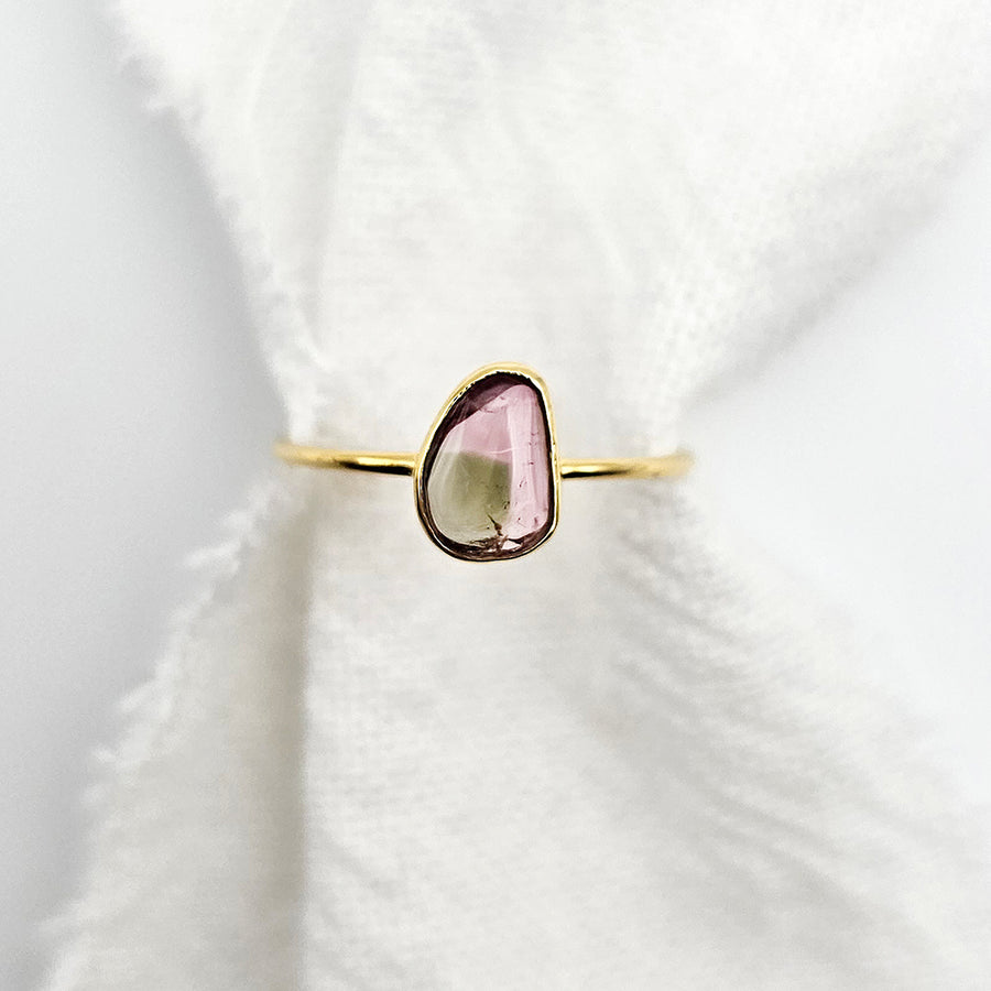 Watermelon Tourmaline Slice Ring - Yellow Gold