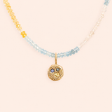 Aquamarine beaded necklace & 9KYG Sapphire Bubble Charm
