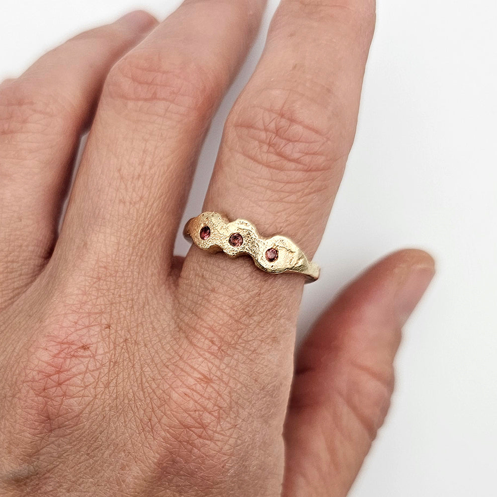 Trilogy Ring - Peach Sapphire recycled gold three stone ring by zoe alexandria jewellery