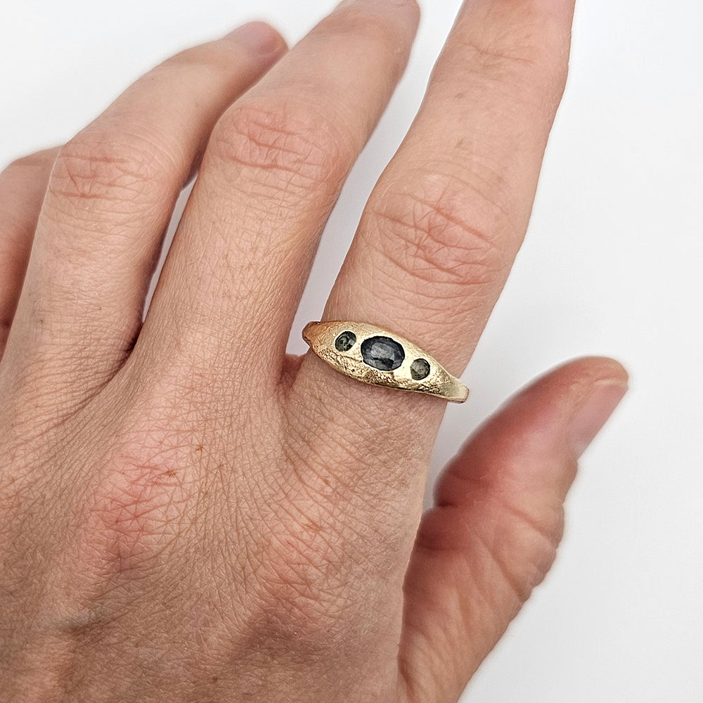 Three Stone Sapphire Ring recycled gold ring by zoe alexandria jewellery