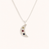 Silver Crescent Moon Necklace - Mixed Sapphire