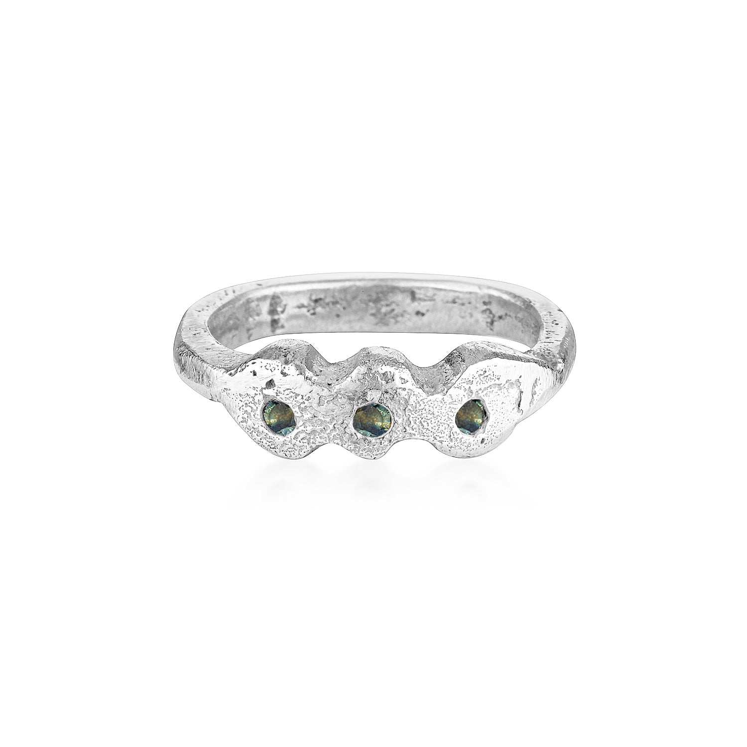 sandcast Silver ring with three teal sapphires handmade jewellery zoe alexandira