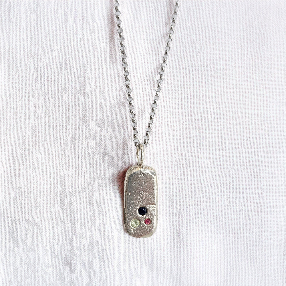 mixed coloured sapphire silver tablet style necklace handmade by zoe alexandria jewellery
