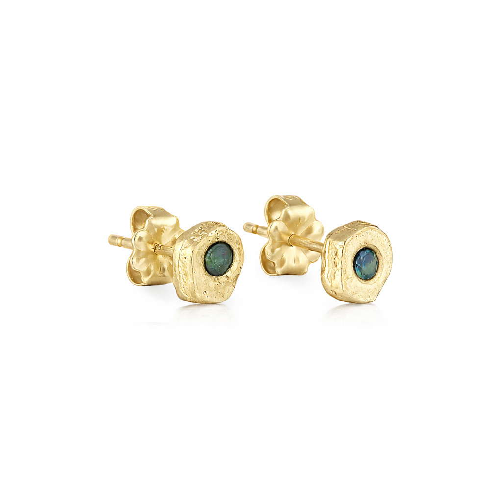 gold sapphire stud earrings sandcast jewellery by zoe alexandria
