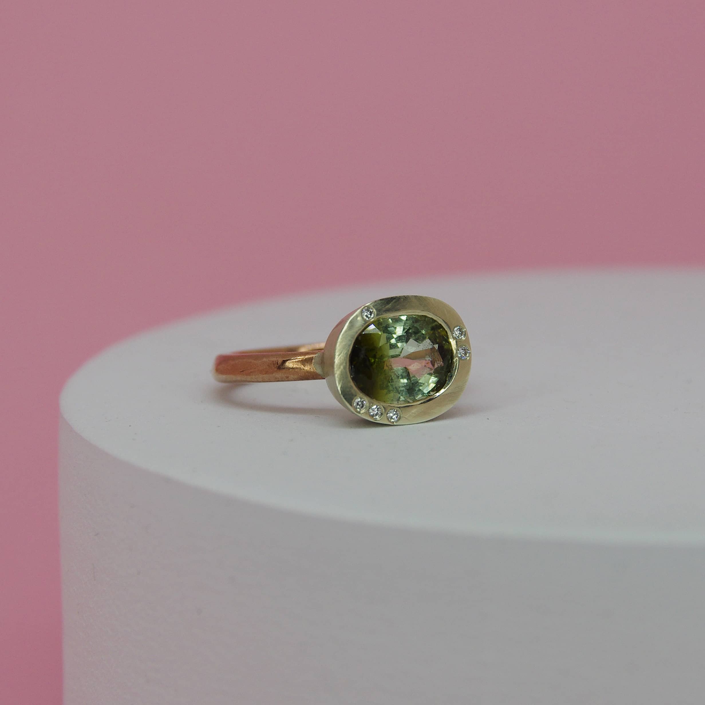 Bio-Tourmaline and Diamond Ring alternative engagement ring handmade by zoe alexandria jewellery