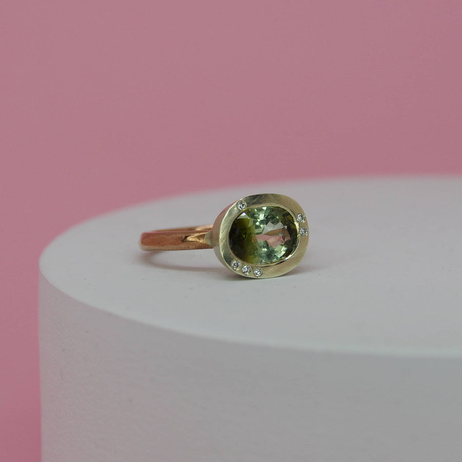 Bio-Tourmaline and Diamond Sideways Set Ring