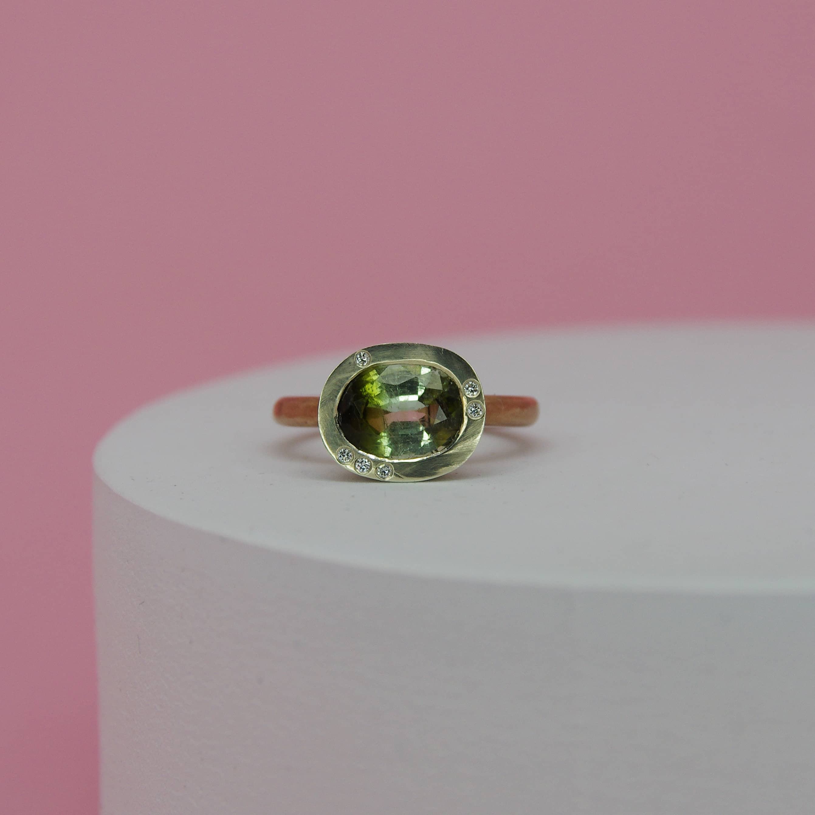 Bio-Tourmaline and Diamond Ring alternative engagement ring handmade by zoe alexandria jewellery
