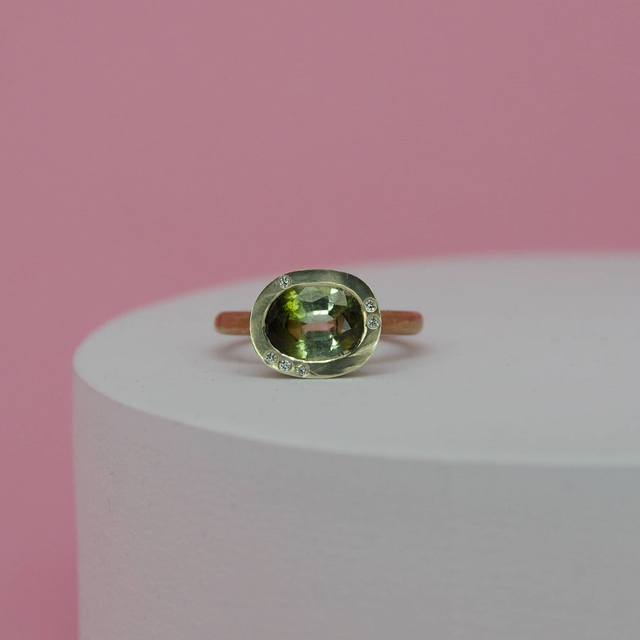 Bio-Tourmaline and Diamond Sideways Set Ring