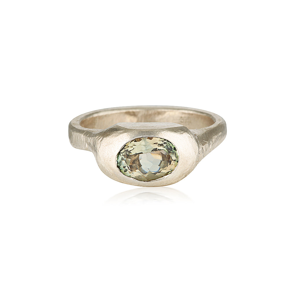 Grey Green Bio Tourmaline Ring white gold handmade ring by zoe alexandria jewellery