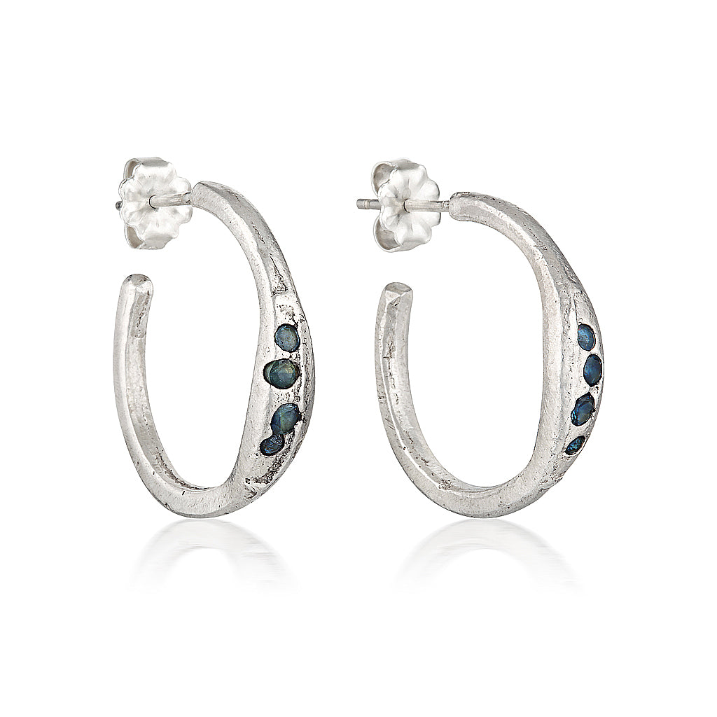 recycled silver Hoop Earrings Teal Sapphire earrings by zoe alexandria jewellery