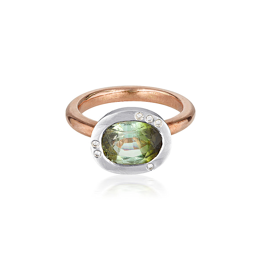 Bio-Tourmaline and Diamond Sideways Set Ring