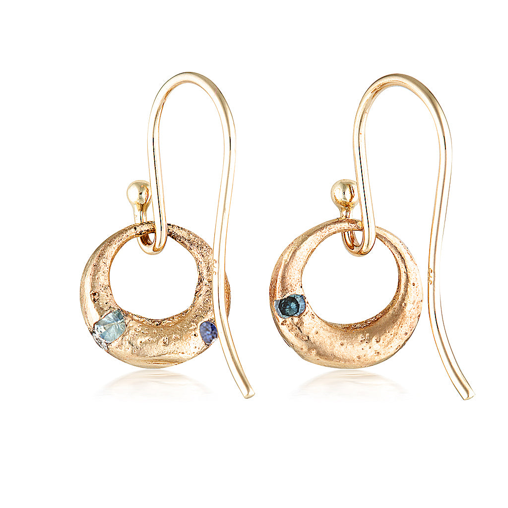 Demilune Earrings recycled Yellow Gold & Teal Sapphire earrings by zoe alexandria jewellery