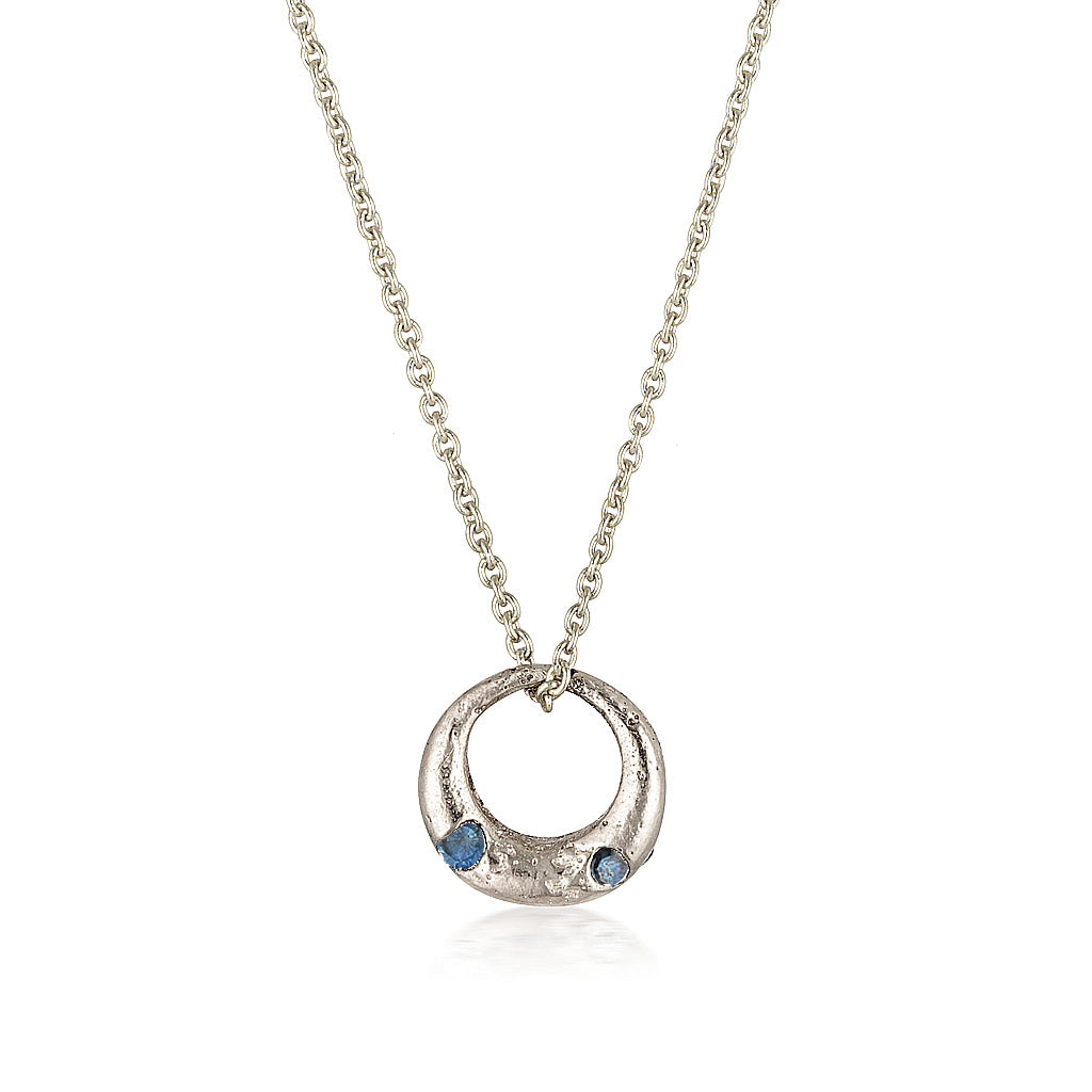 Demilune Pendant recycled White Gold & Teal Sapphire necklace by zoe alexandria jewellery