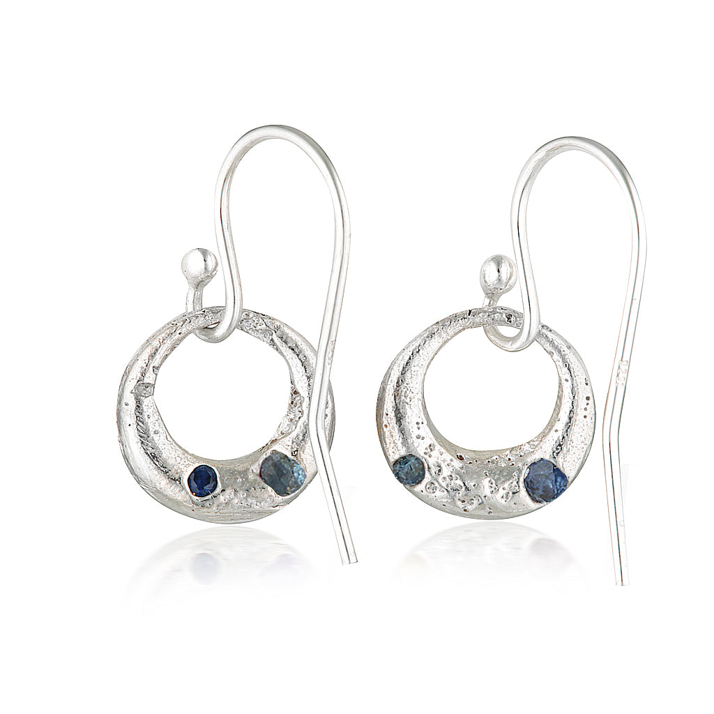 Demilune Earrings recycled Silver & Teal Sapphire earrings by zoe alexandria jewellery