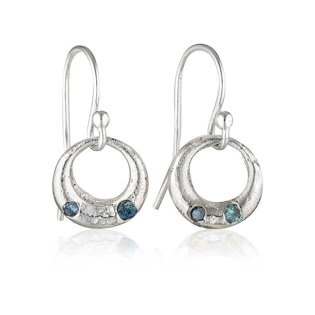 Demilune Earrings recycled Silver & Teal Sapphire earrings by zoe alexandria jewellery