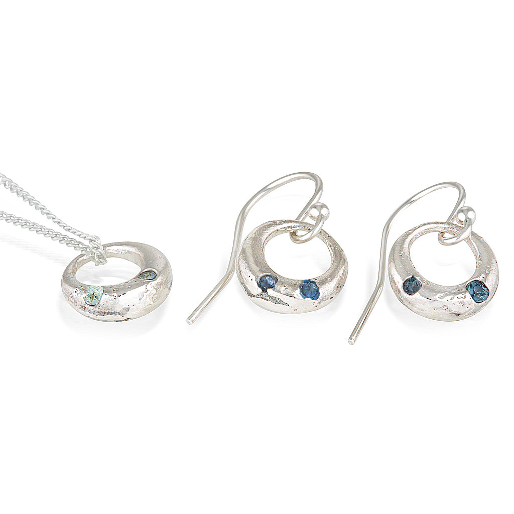 Demilune Earrings and pendant recycled Silver & Teal Sapphire by zoe alexandria jewellery